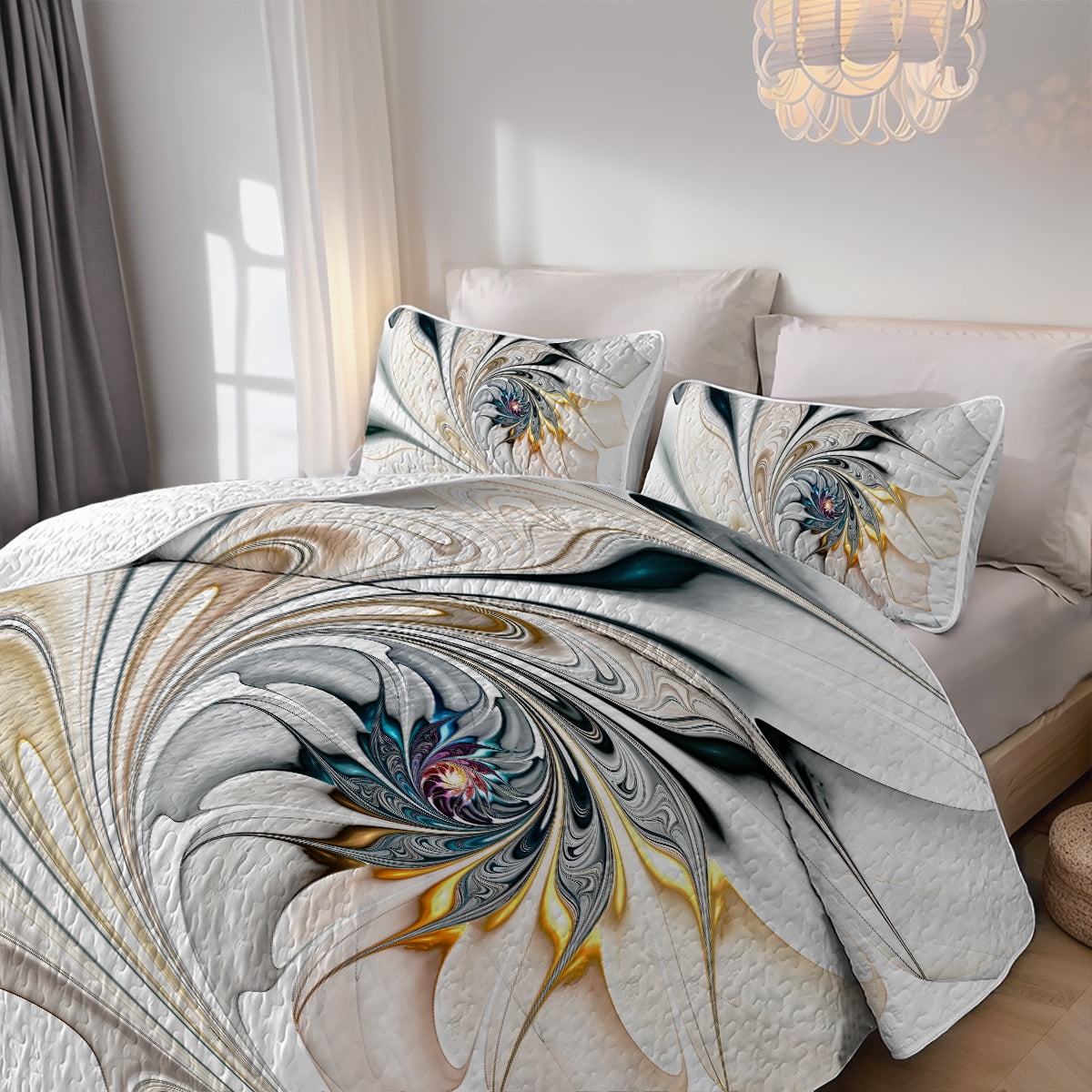 Davulos King Quilt Bedding Set ,3 Pieces Modern Floral California King Quilt Set Reversible Microfiber Bedspread,Lightweight Coverlet Set for All Seasons Bedroom Bed Decor