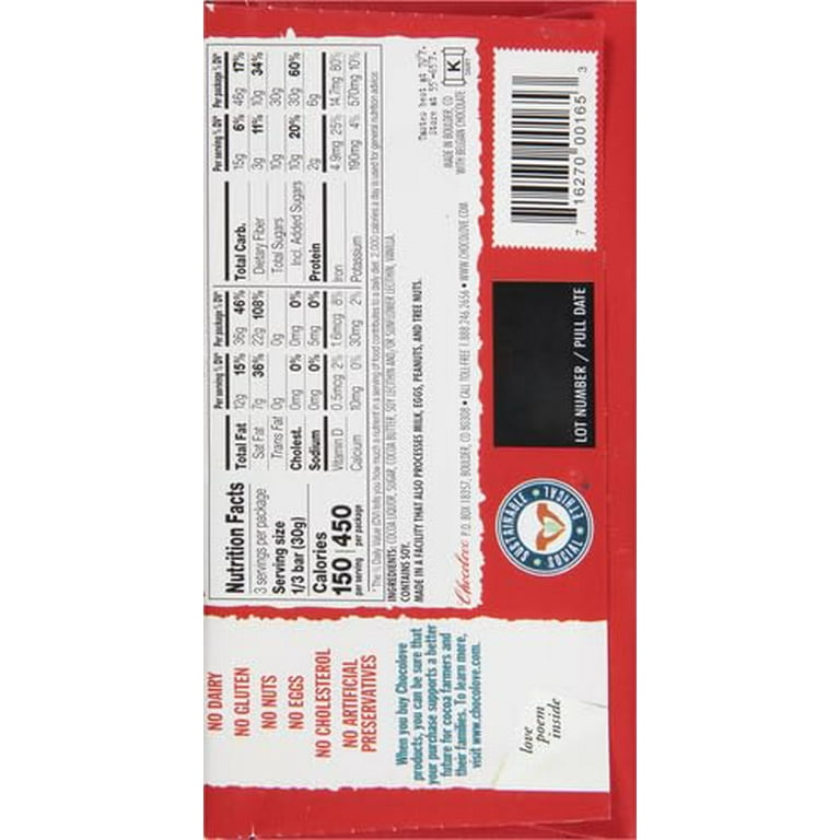 Chocolove Xoxox Premium Chocolate Bar Dark Chocolate Rich 3.2 Oz