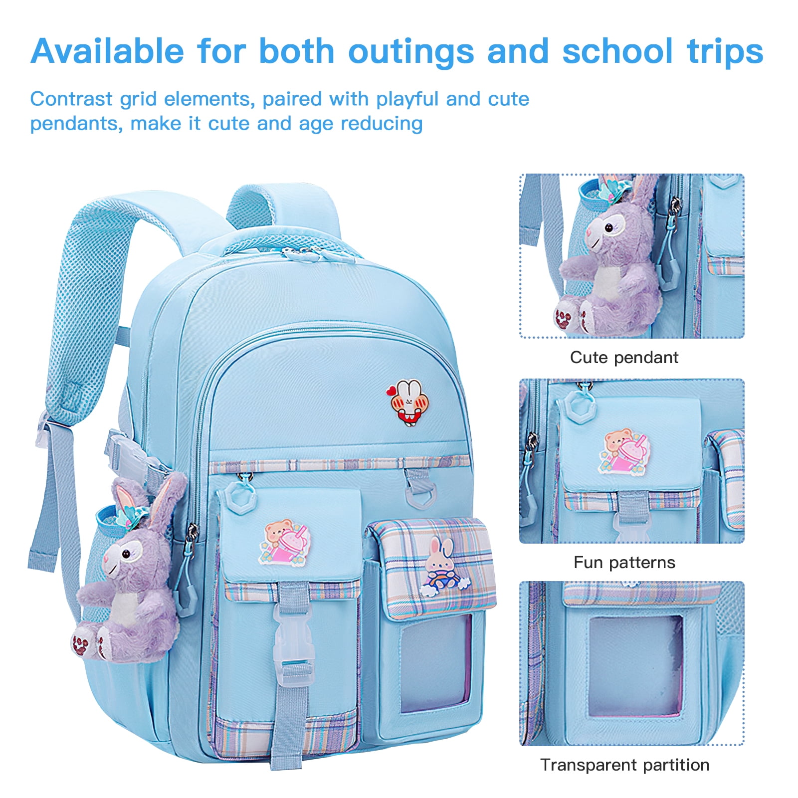Kadyn Travel Backpacks, Cute Bookbag for Teen, Multifunctional School Durable Schoolbag with Lina Bell, 3 Decorative Cards and Lunch Bag, Blue