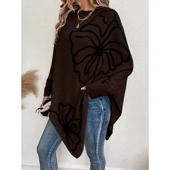 Womens Brown 3D Floral Applique Batwing Sweater