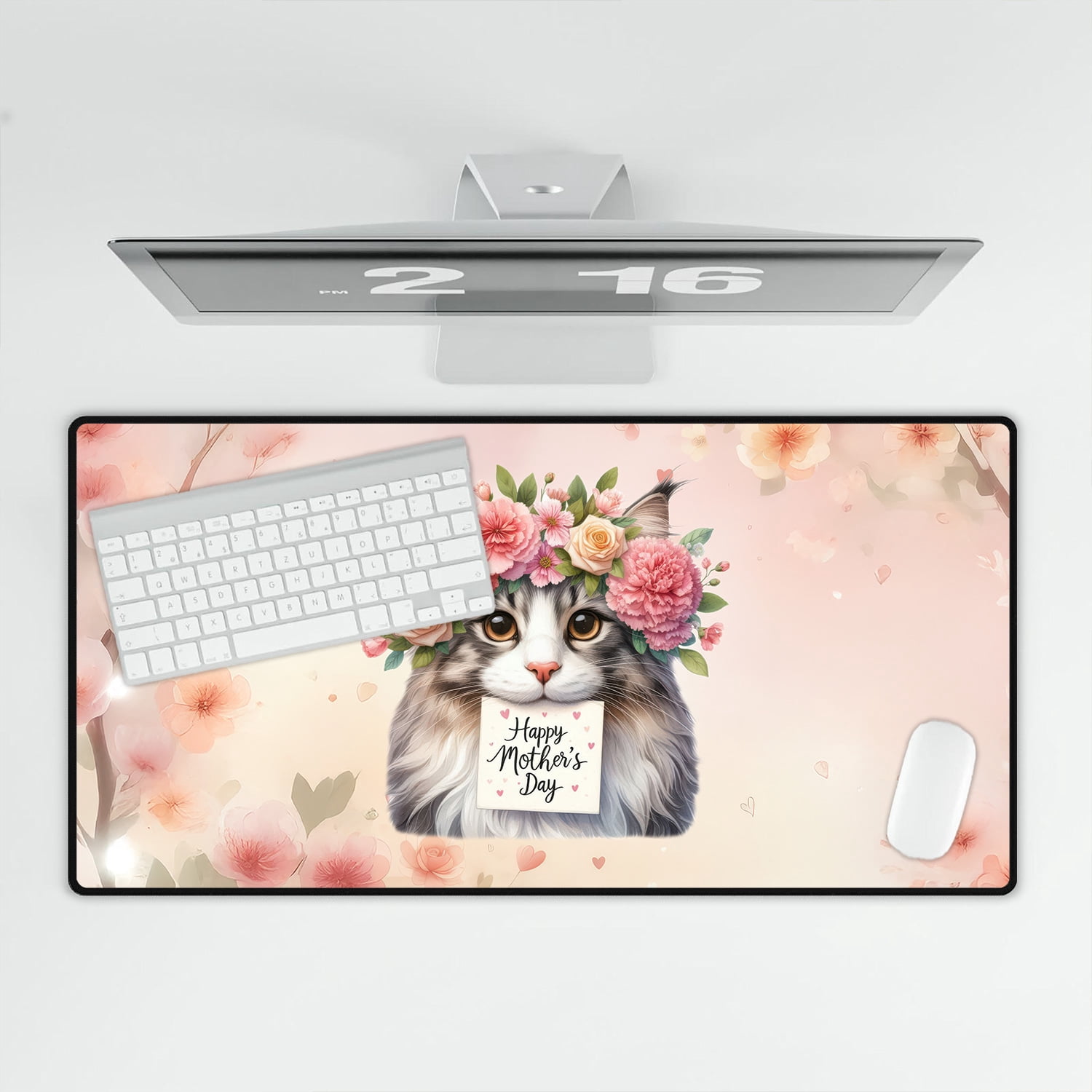 Happy Mother's Day Maine Coon with Flower Crown and Greeting Card Desk Mat Full Keyboard Mouse Pad Cat Lover Kitten Owner Gifts Large Mousepad - 13004