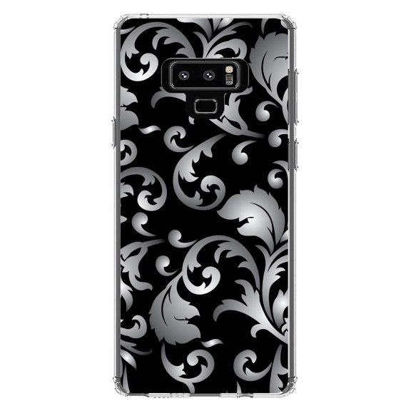 DistinctInk Clear Shockproof Hybrid Case for Samsung Galaxy Note 9 - TPU Bumper, Acrylic Back, Tempered Glass Screen Protector - Silver Grey Black White Floral - Floral Damask Pattern