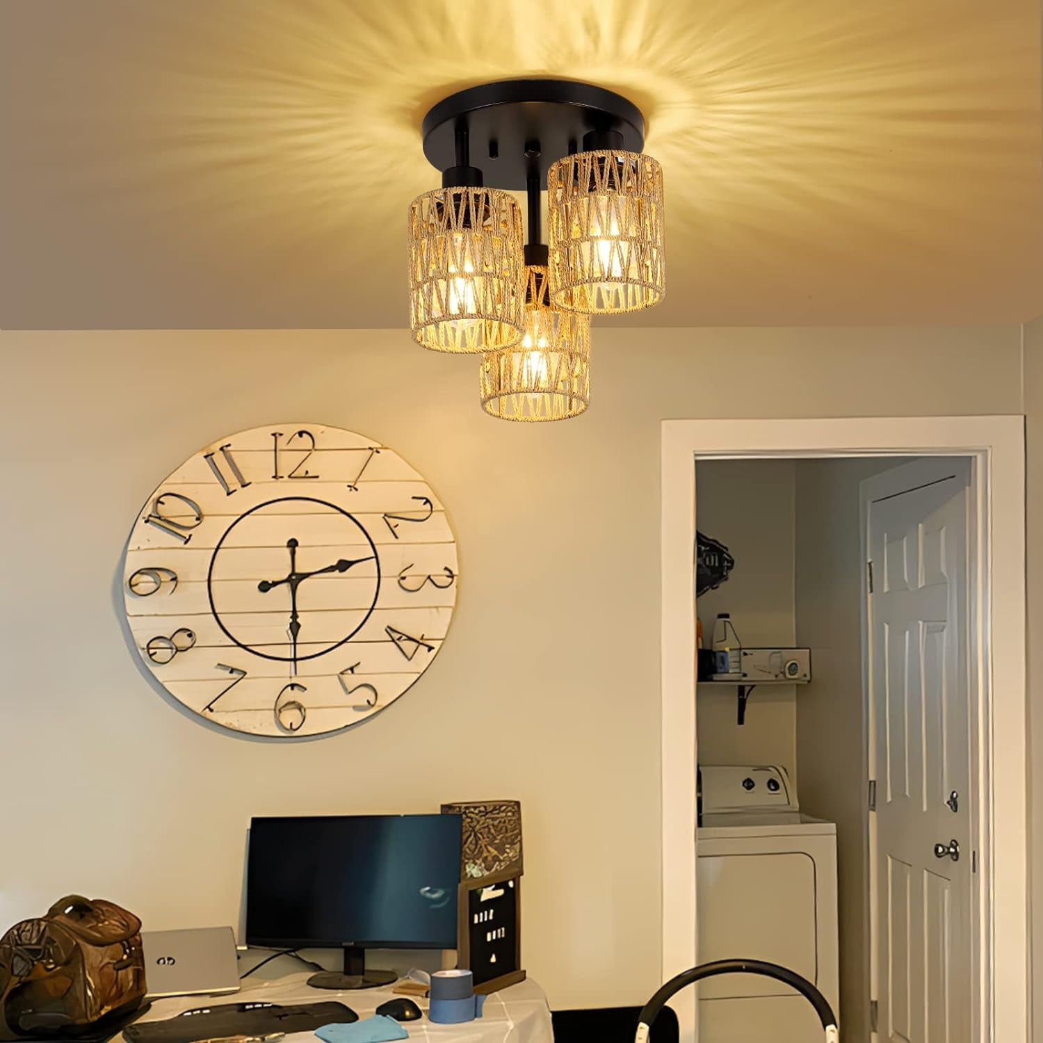 Table Lamp, Flush Mount, Brown Bedroom Lamp,Rattan+Metal LED Lamp, Lighting & Lamps