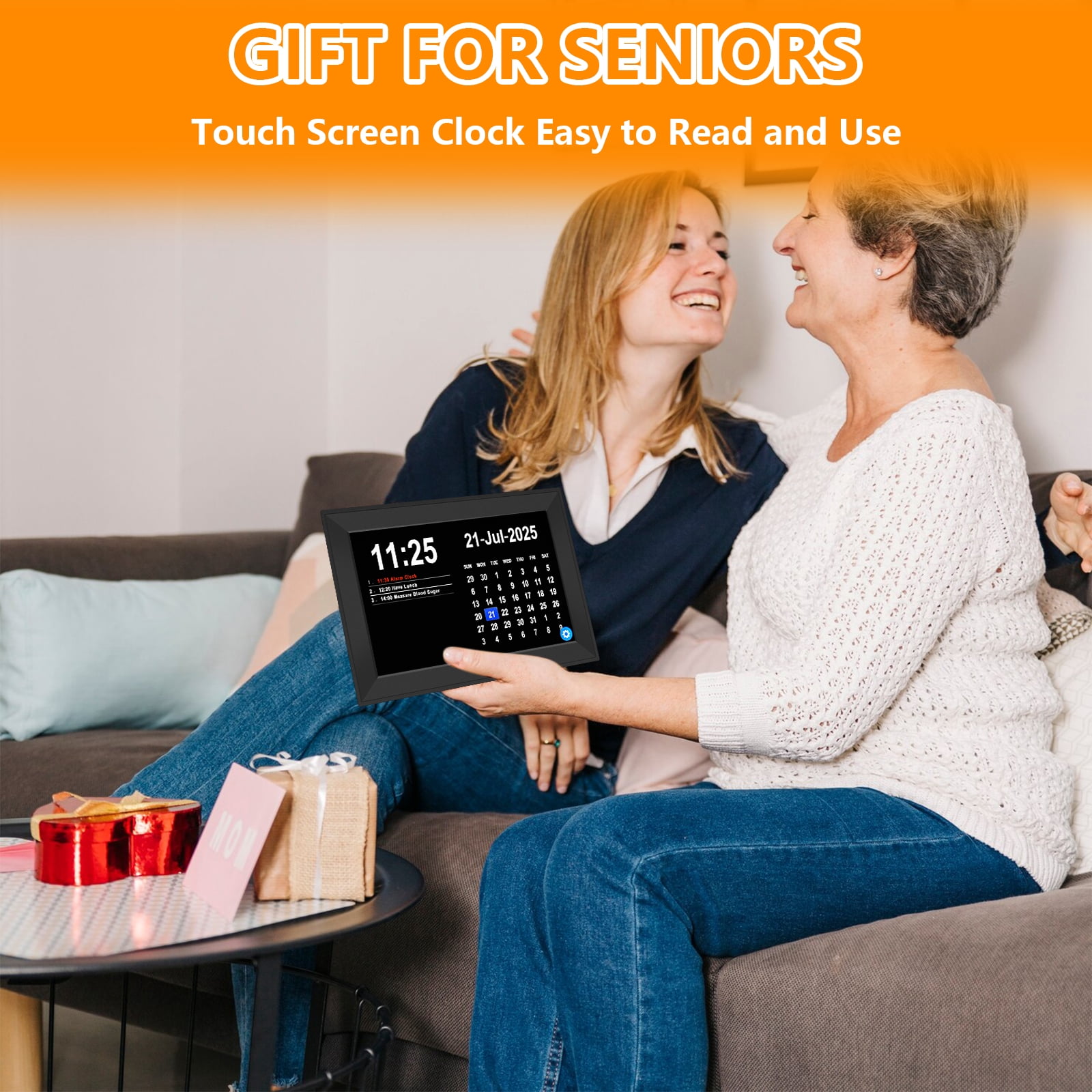 Bgift 10.1" Easy to Use Touch Screen Digital Clock for Seniors,Large Display Digital Calendar with Day and Date for Elderly,64 Alarms 40 Reminders, Auto DST,Gfits(Black)