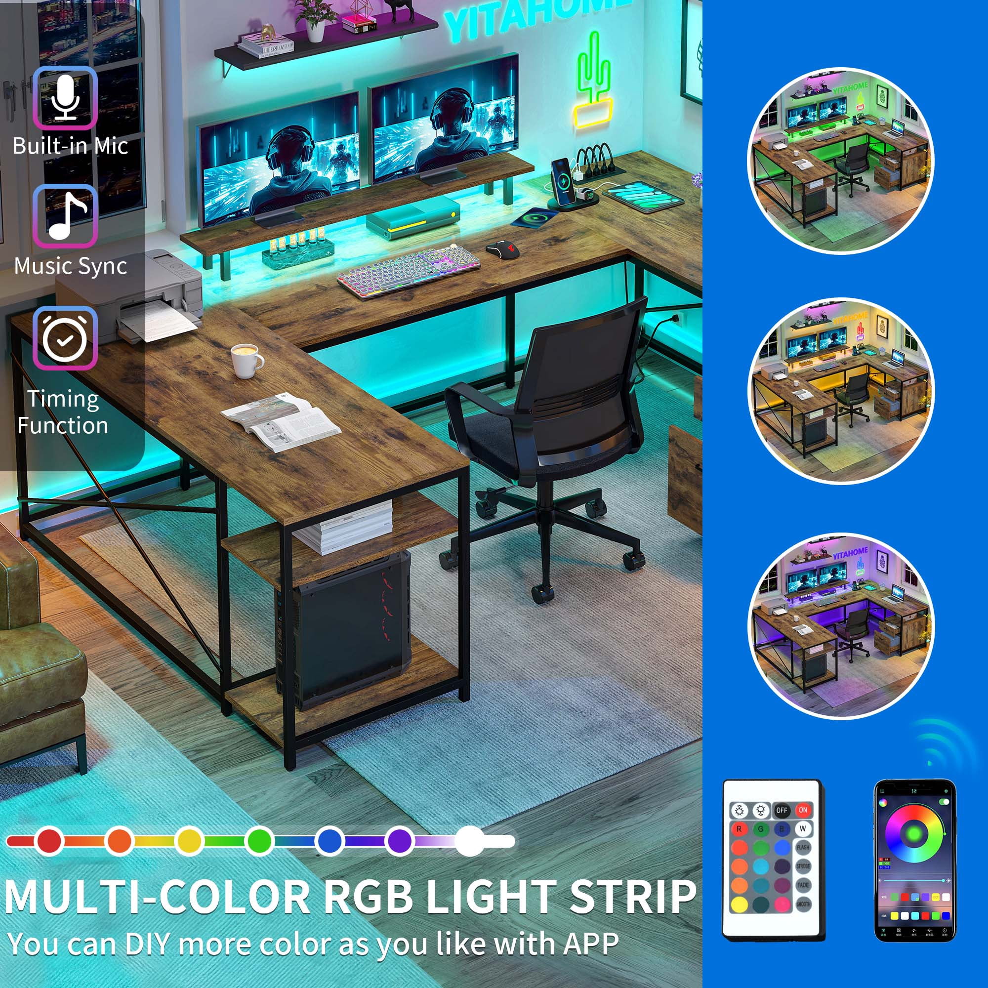 Dextrus L Shaped Desk with Power Outlets & LED Lights, Reversible Computer Desk with Storage Shelves, U Shaped Gaming Desk with Monitor Stand , Rustic Brown