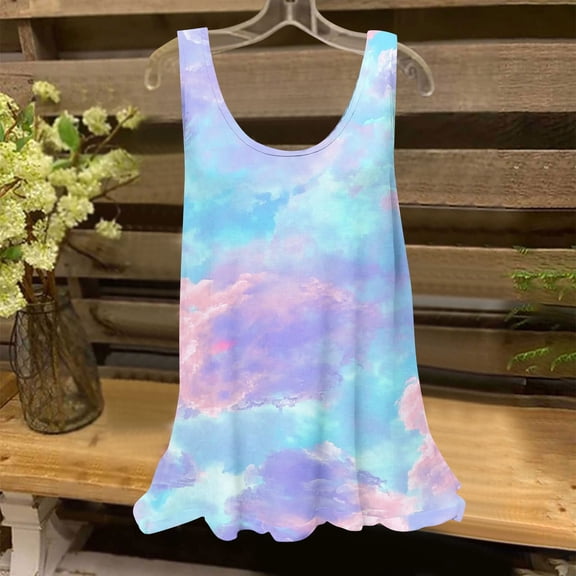 QUNYINEY Summer Tank Top Women Flowy Tie Dye Shirts Casual Vacation Sleeveless Loose Fit Crew Neck Womens Tops Trendy