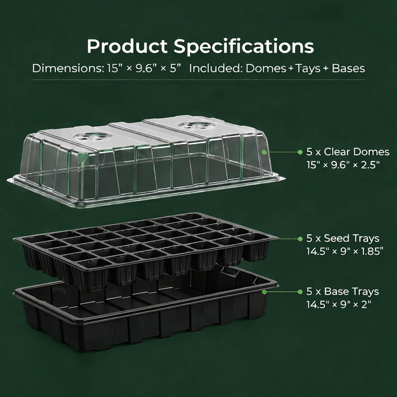 5-Set Seed Starter Tray Kits, Durable Plant Germination Trays with Humidity Vented Domes and Bases, Ideal for Starting, Indoor Gardening, Greenhouse (Total 200 Cells)