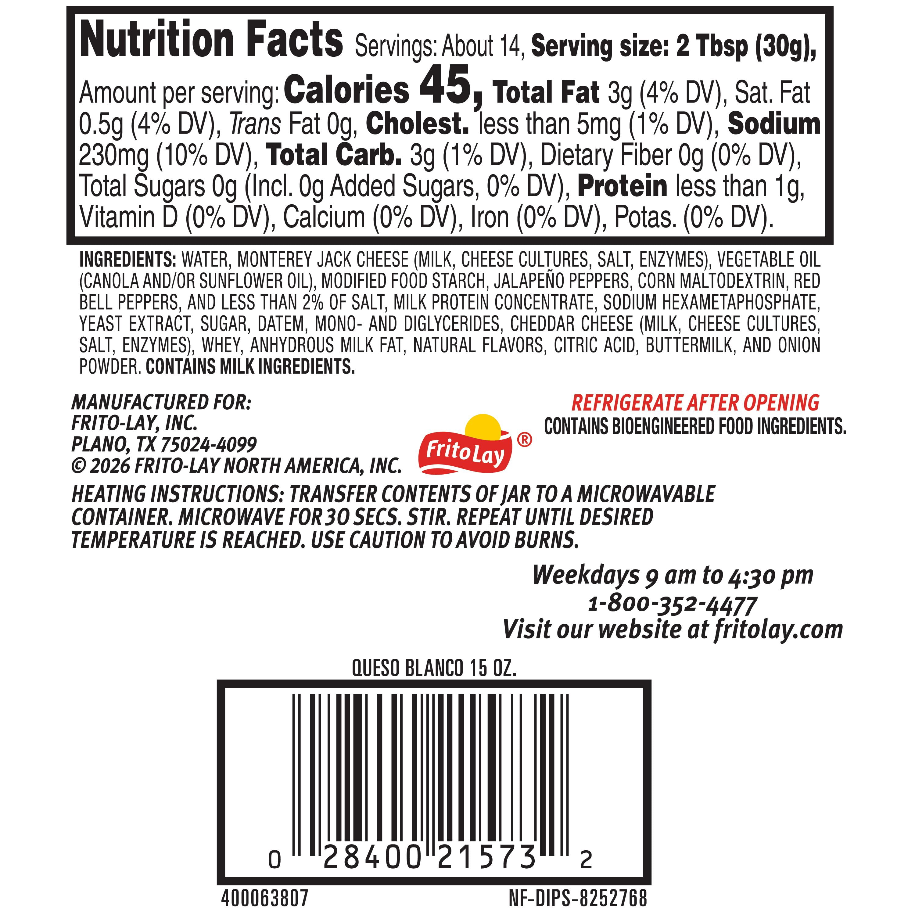 Tostitos Medium Queso Blanco Cheese, No Artificial Colors, No Artificial Flavors, 15 oz Jar