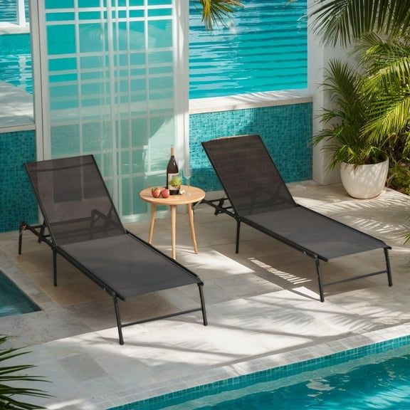 Demifill Chaise Lounge Chair Set of 2, Foldable Patio Lounge Chairs for Outdoor as Garden, Backyard, Porch, Black