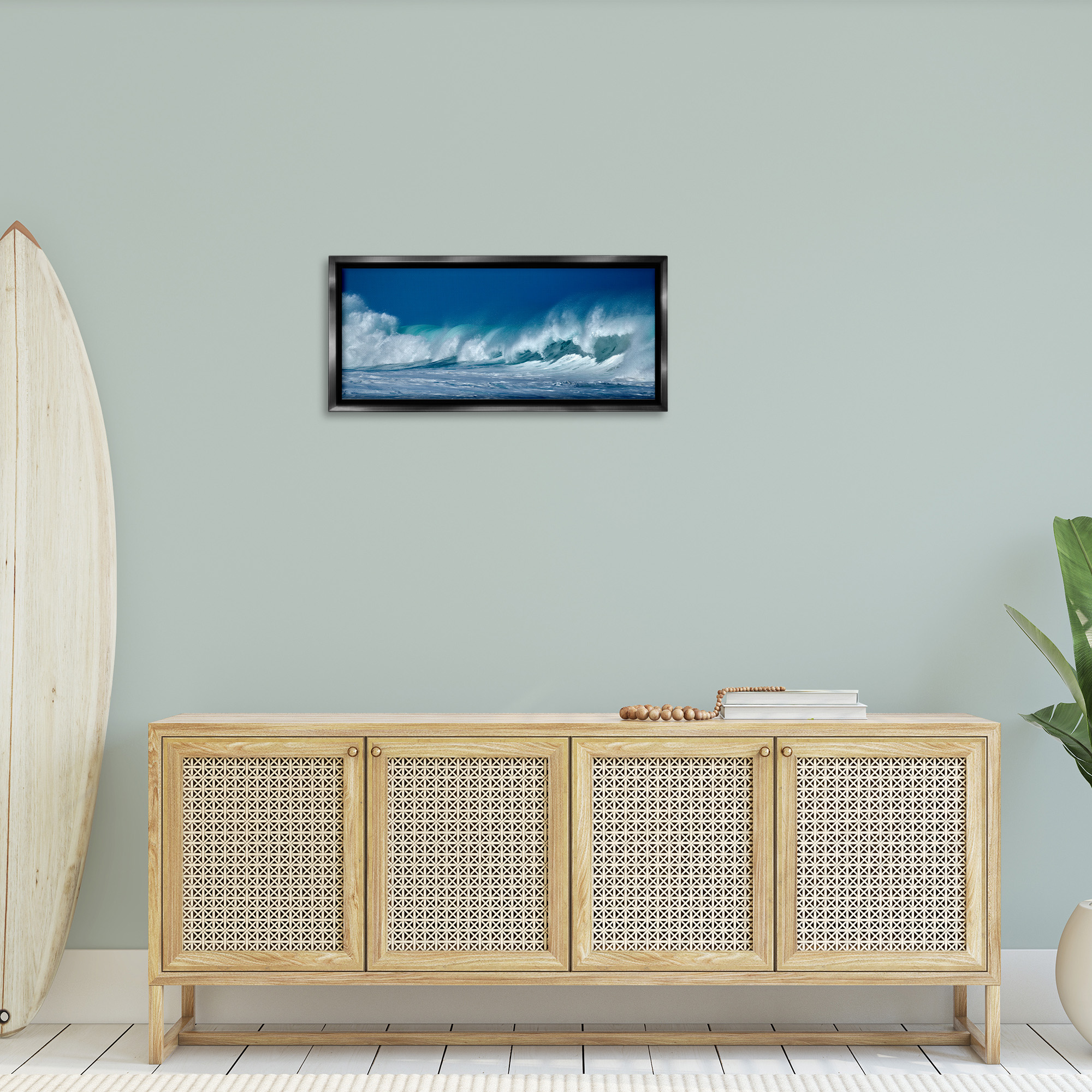 Stupell Industries Panoramic Tsunami Wave Splashing Nature Photography Black Floater Framed Canvas Art Print Wall Art, 31 x 14