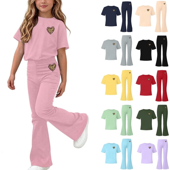 ITSAME Girls Outfits 2-Piece Heart Print Short Sleeve Top & Flared Pants Summer Fashion Casual Set Pink Size 13