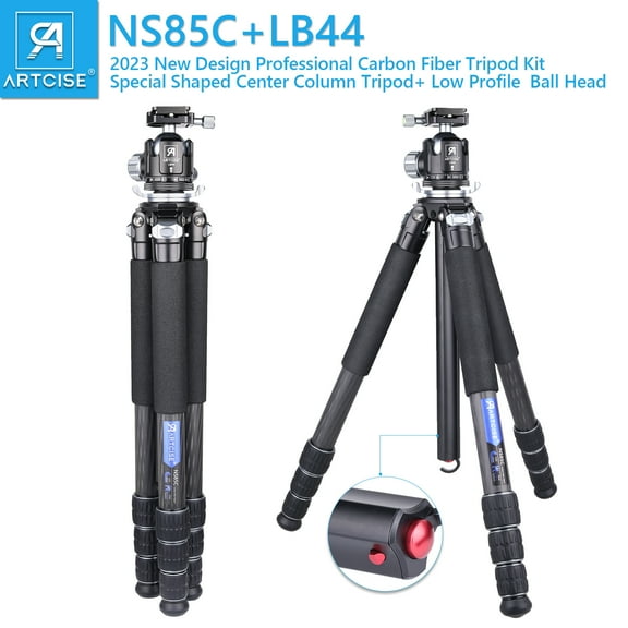 Carbon Fiber Camera Tripod with 44mm Low Profile Ball Head ARTCISE NS85C Professional Compact Tripod,Special-Shaped Center Column,10 Layers Carbon Fiber, 32mm Leg Tube,Max Load 55lbs/25kg black