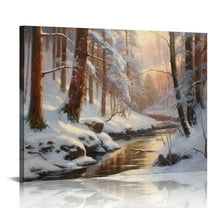 COMIO Canvas Print Wall Art Winter Snow River Forest Nature Wilderness Illustrations Fine Art Decorative Landscape Colorful for Living Room, Bedroom, Office