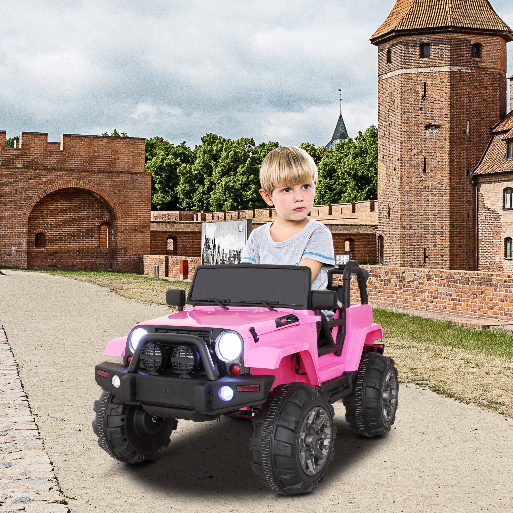 Kepooman 12V Kids Ride on Electric Car, Kids Ride-On Truck Car with Remote Control and LED Lights, 3 Speeds, Spring Suspension, Pink