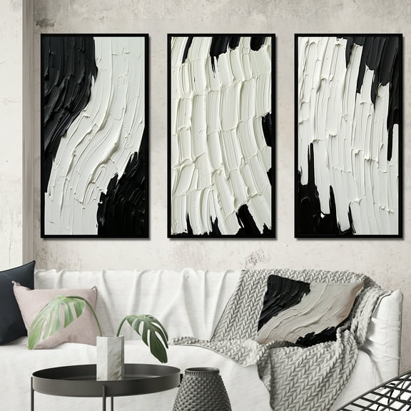 Designart "Transient Essence Monochrome Abstract Symphony II" Abstract Painting Framed Wall Art Set Of 3 - Black Modern Frame Gallery Wall Set For Home Decor