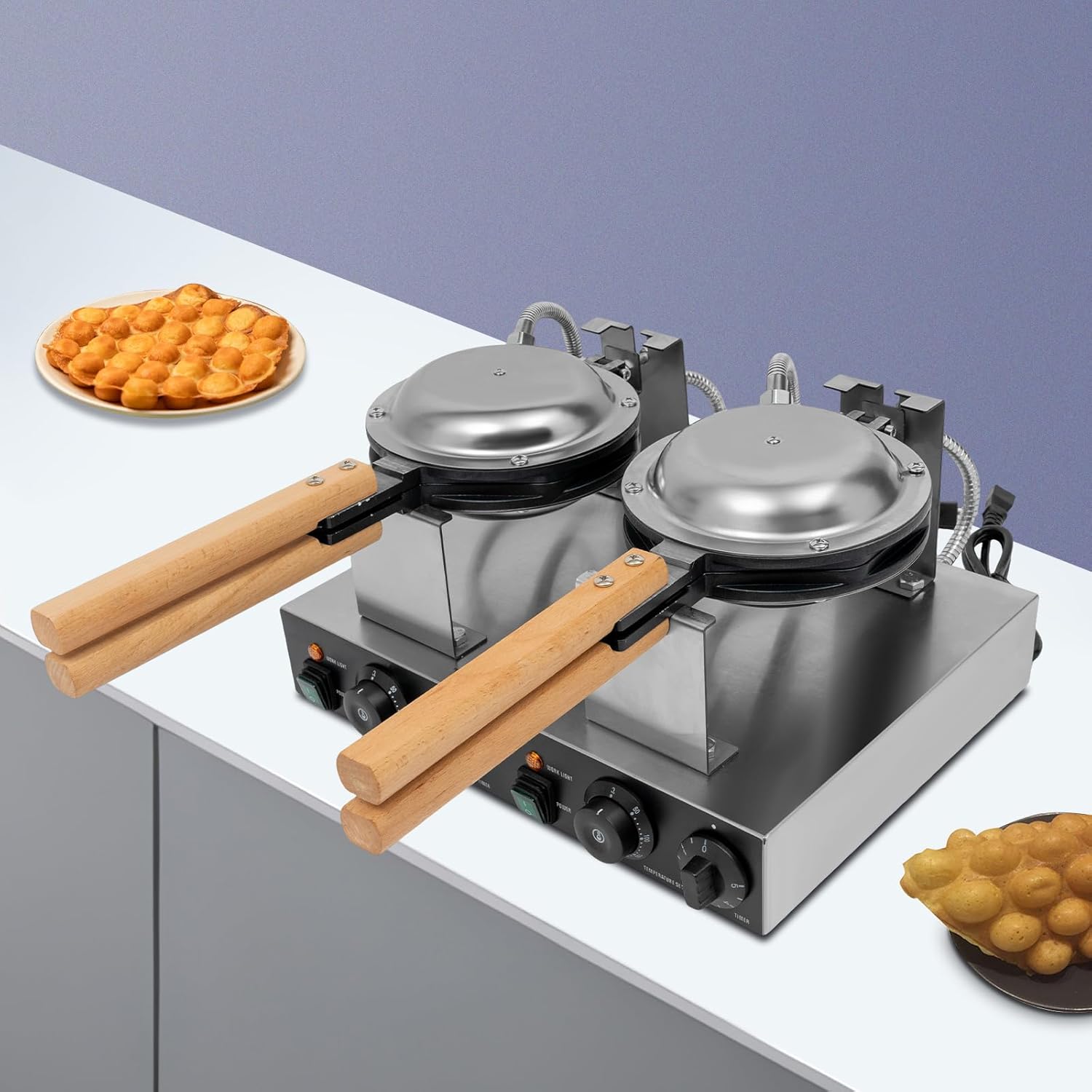 Commercial Bubble Waffle Maker, 2830W Double-head Egg Bubble Puff Maker with Wooden Handles, Stainless Steel Baker with Non-Stick Coating, Electric Non stick Hong Kong Egg Waffler Griddle