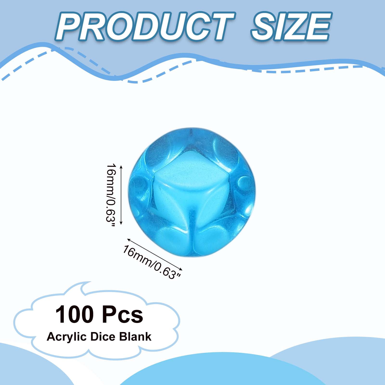 16 mm Clear Acrylic Dice Blank, 100 Pcs Rounded Corner Blank Dice with Smoothed Surface Six Sided for Board, Light Blue