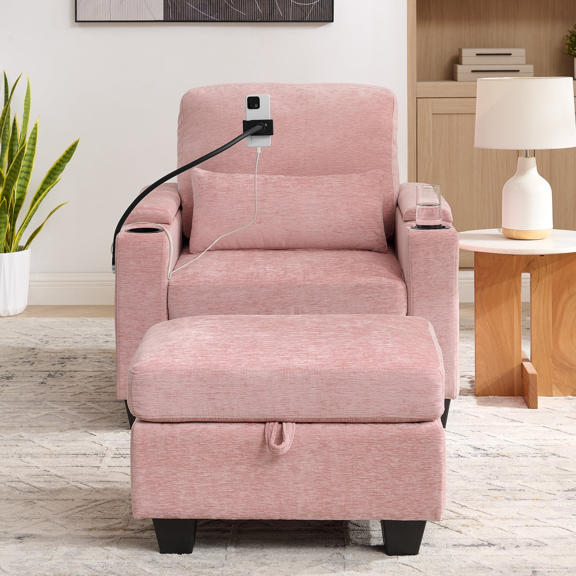 Recliner Chair with Adjustable Backrest, Cup Holders, USB Charging Port, Phone Stand, Arm Storage and Storage Ottoman