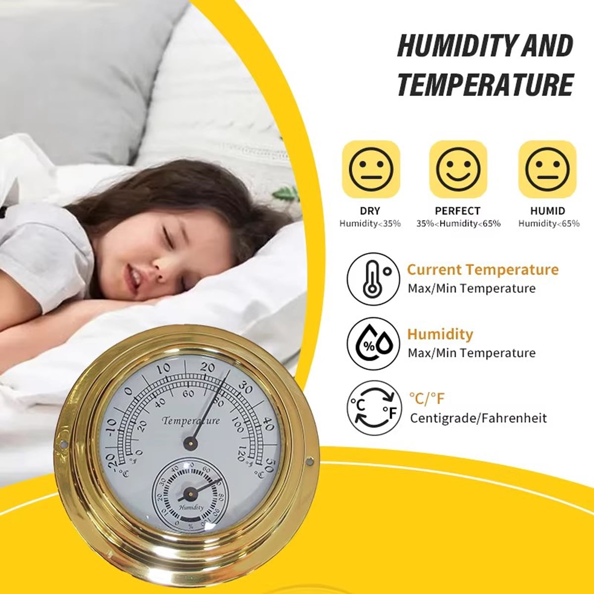4-inch Dial Retro Brass Case Thermometer Hygrometer 0°F - 120°F Indoor Outdoor Wall Mounted Humidity Meter