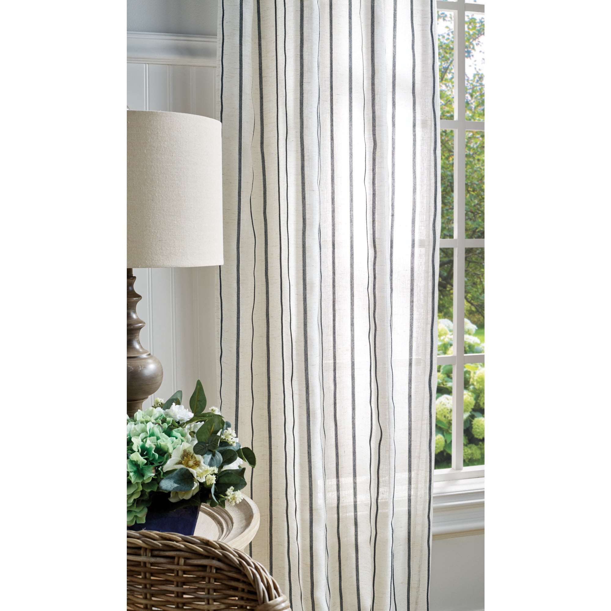 Martha Stewart Laguna Stripe Curatin Panel Pair, Navy, Tie Tab, Semi Sheer, Indoor, Adult, 2 Piece Set, 37" x 95"