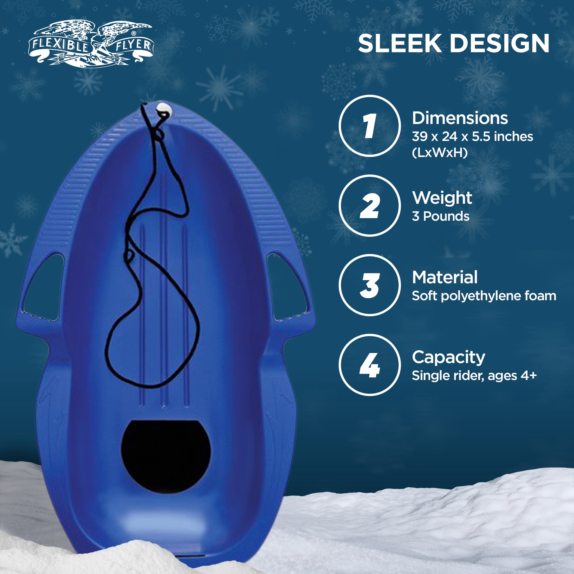 Flexible Flyer Spitfire Sled 1 Person Toboggan with Tow Rope & Seat Pad