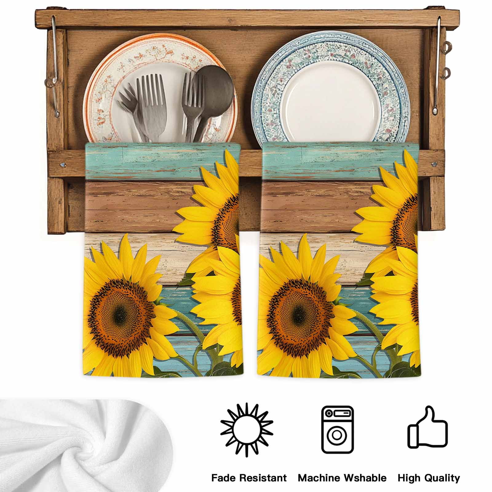 Dish Towels, Sunflower Absorbent Kitchen Towels 2 PCS, Farmhouse Floral Plant Teal Wood Grain Microfiber Hand Towels Dish Cloths Tea Towels for Home&nbsp;Bathroom Cleaning Drying,18X28-Inch,