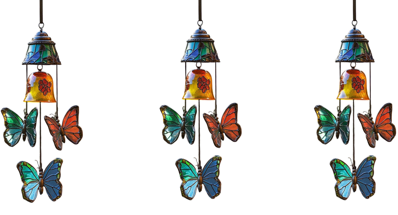 3PC Stained Glass Butterfly Wind Chime With Bells, Vintage Style Hanging Wind Bell for Outdoor Garden Patio, Colorful Butterfly Decor Wind Chime, Great Gift for Mom Grandma Nature Lovers