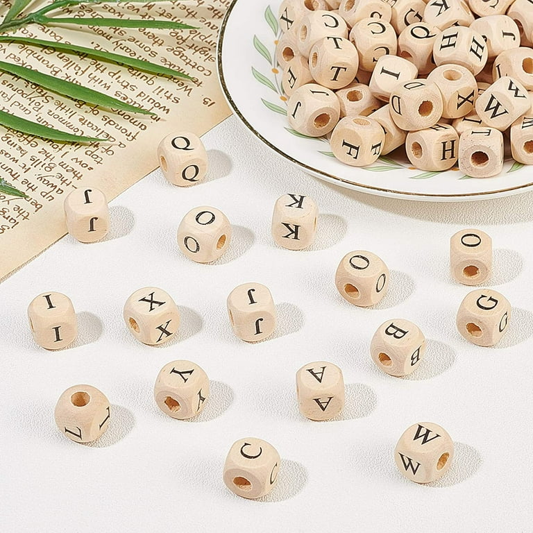 Wood Alphabet Letter Beads / Big Wooden Cube Initial Bead / Square