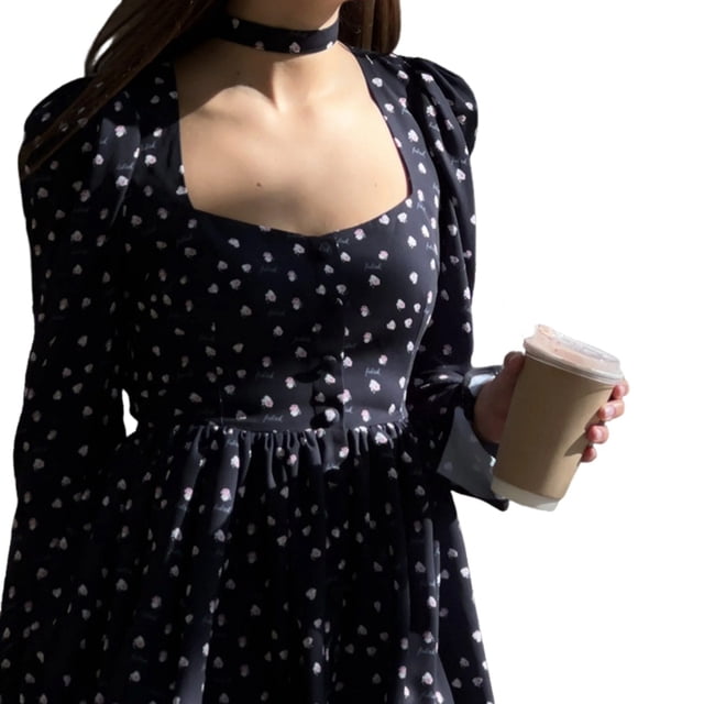 Women'S Floral Print Square Neck Flowy Ruffle Mini Dress