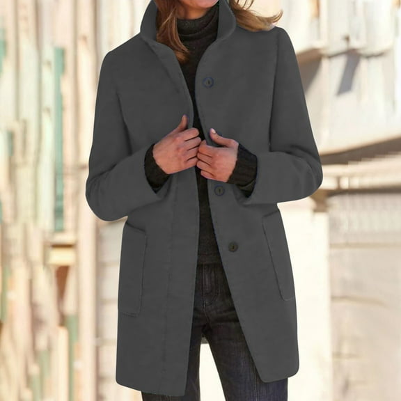 Amidoa Women's Solid Color Woollen Coat Recreational Long Sleeve Tops