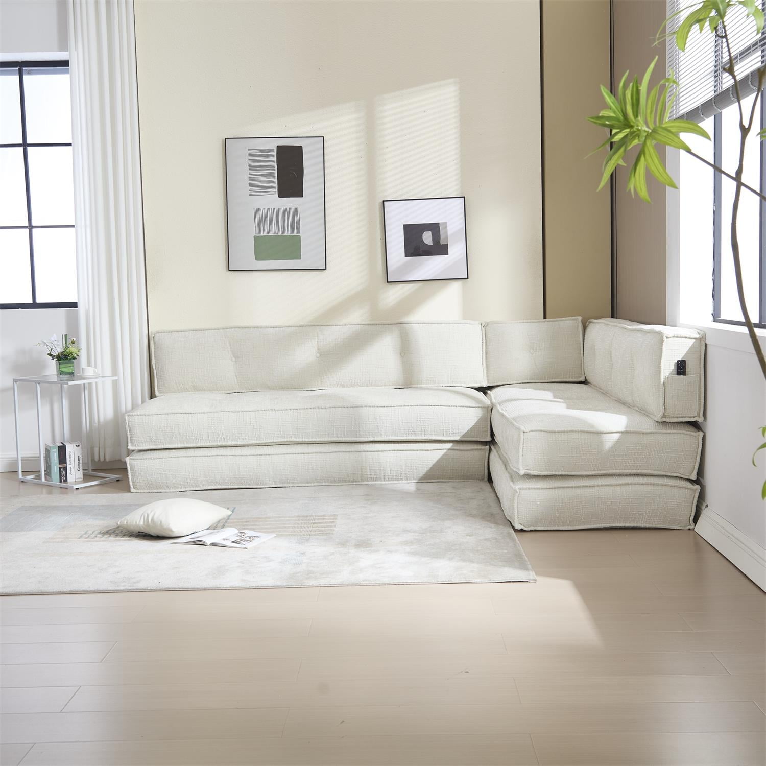 Demi Bonn 78" Versatile Chenille Sectional Sofa with Side Pocket, Modern Couch for Living Room, Customize Layout to Fit Any Space, White