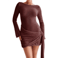 thumbnail image 1 of Robe Courte Plissée Dos Nu pour Femme à Manches Longues en Tricot Crochet Aguichant - Robe Chandail de Fête Brun Rougeâtre L, 1 of 7