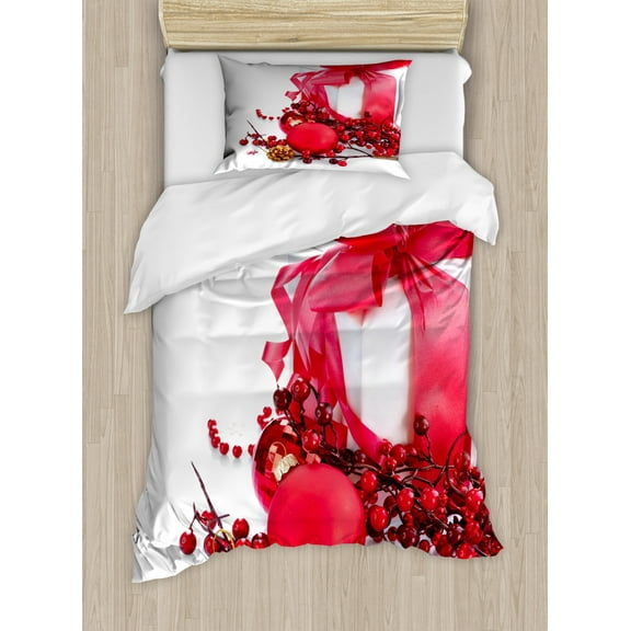 Christmas Twin Size Duvet Cover Set, New Year Box with Berries Pine Cone and Baubles End of the Year Party Theme, Decorative 2 Piece Bedding Set with 1 Pillow Sham, Red Gold White, by Ambesonne