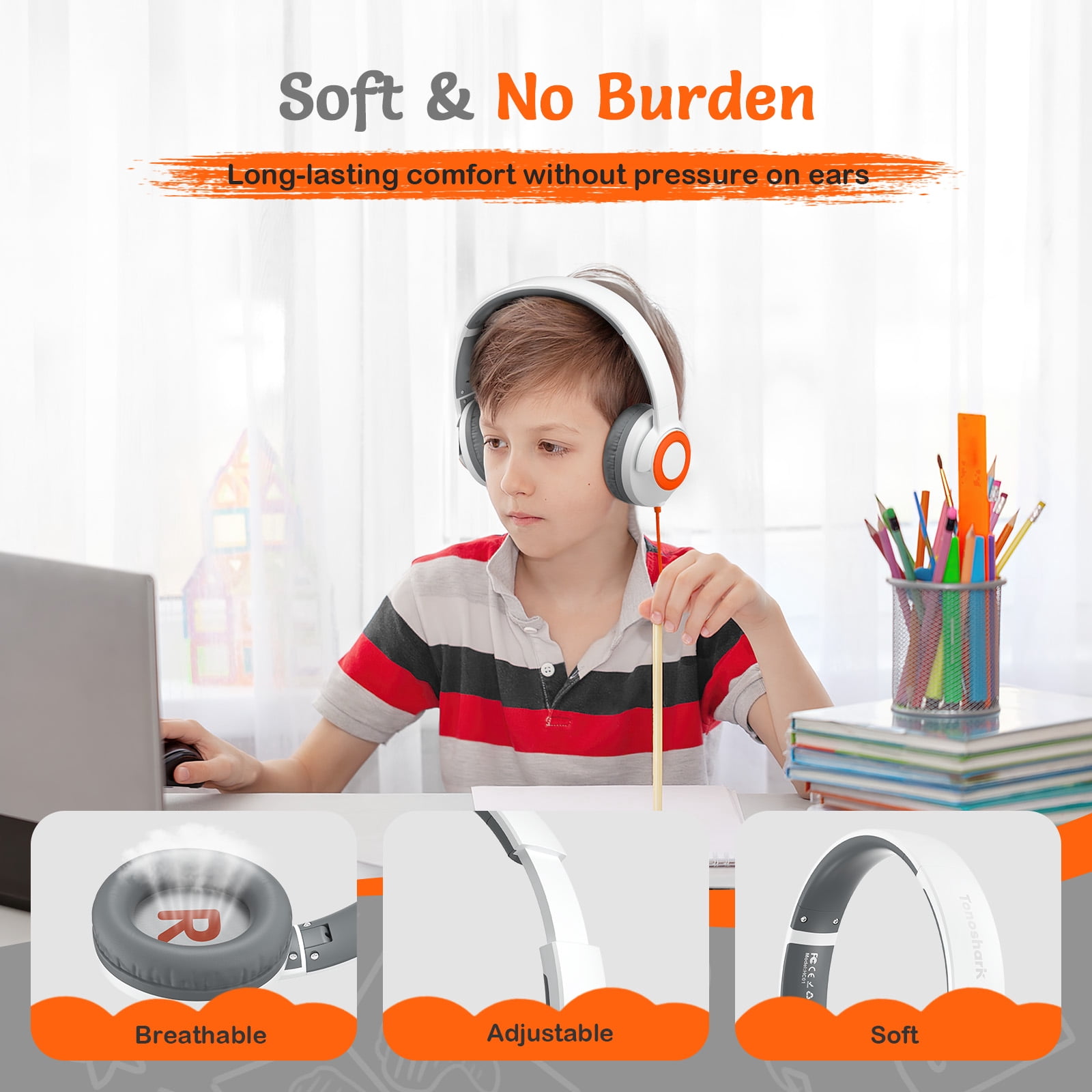 Tonoshark Kids Wired Headphones with Microphone, Volume Limited to 85/94dB Pink Earphone for Girls, Foldable 3.5mm Jack Headset for School & Travel, Includes Portable Case