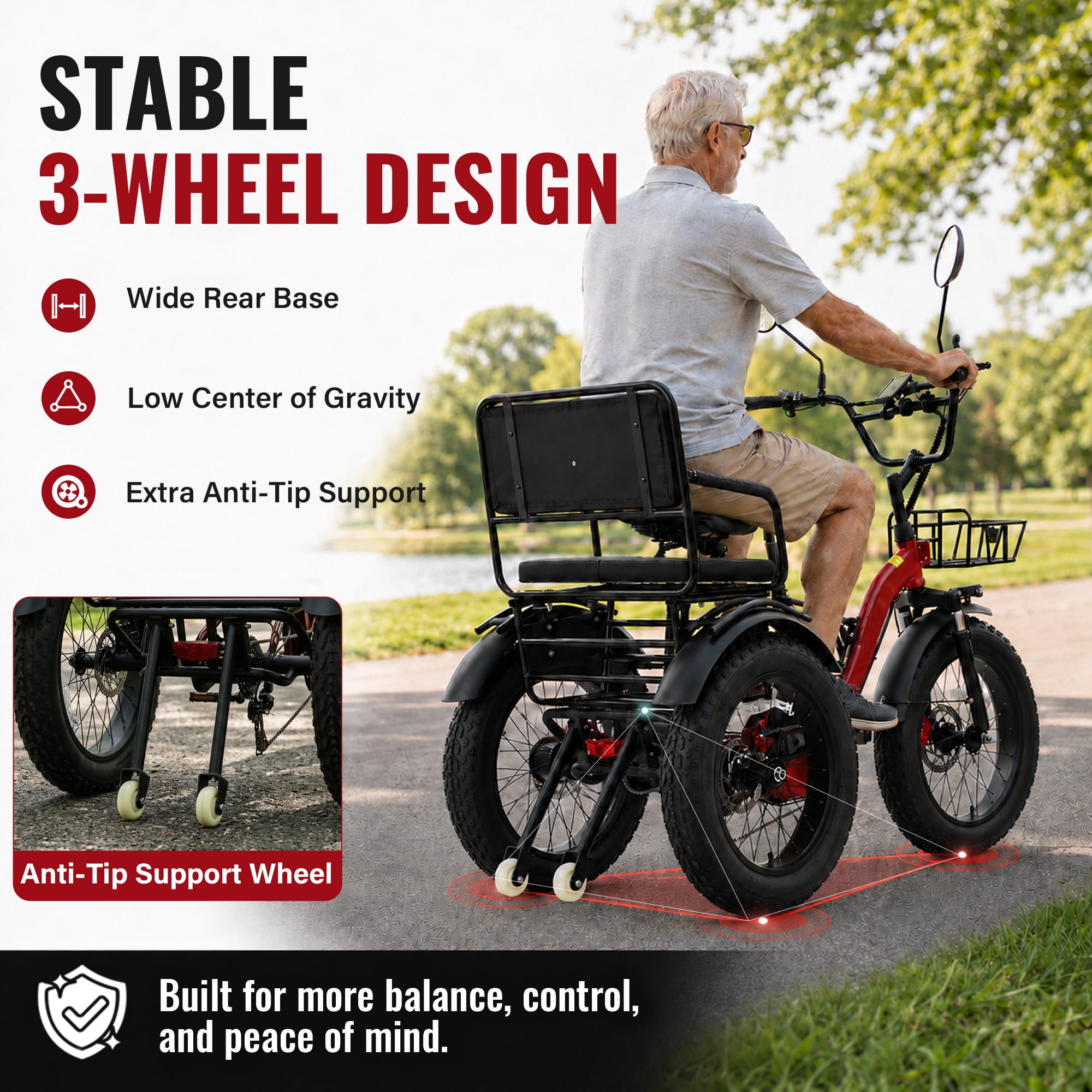 Broobey Two-Seater Electric Tricycle for Adults, 750W 3 Wheel Electric Trike with 48V 15.6Ah Removable Battery, Up to 18.6 MPH, 20" x 4.0 Fat Tires, Passenger Seat, Rear Basket