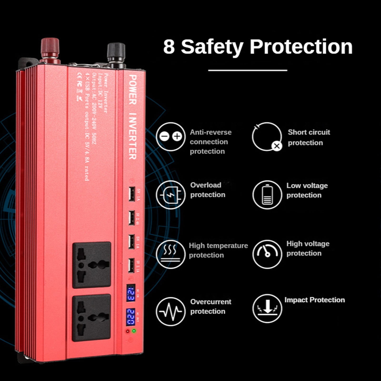2000W 1200W Screen Display Inverter 12V to 220 Transformer 3 Socket 4 USB Car Converter Inversor Auto Adapter