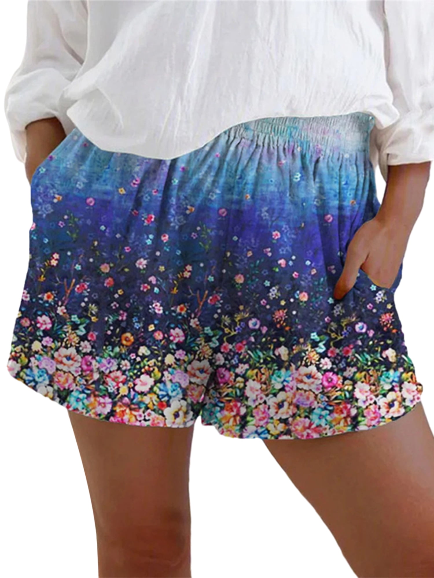 MAWCLOS Womens Summer Floral Shorts with Pockets Ladies Casual Elastic