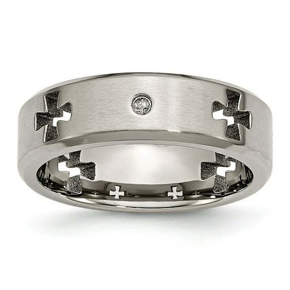 Grey Titanium Ring Band Wedding Diamond Celtic Cross Cut Out with Diamond 7mm Brushed Polished