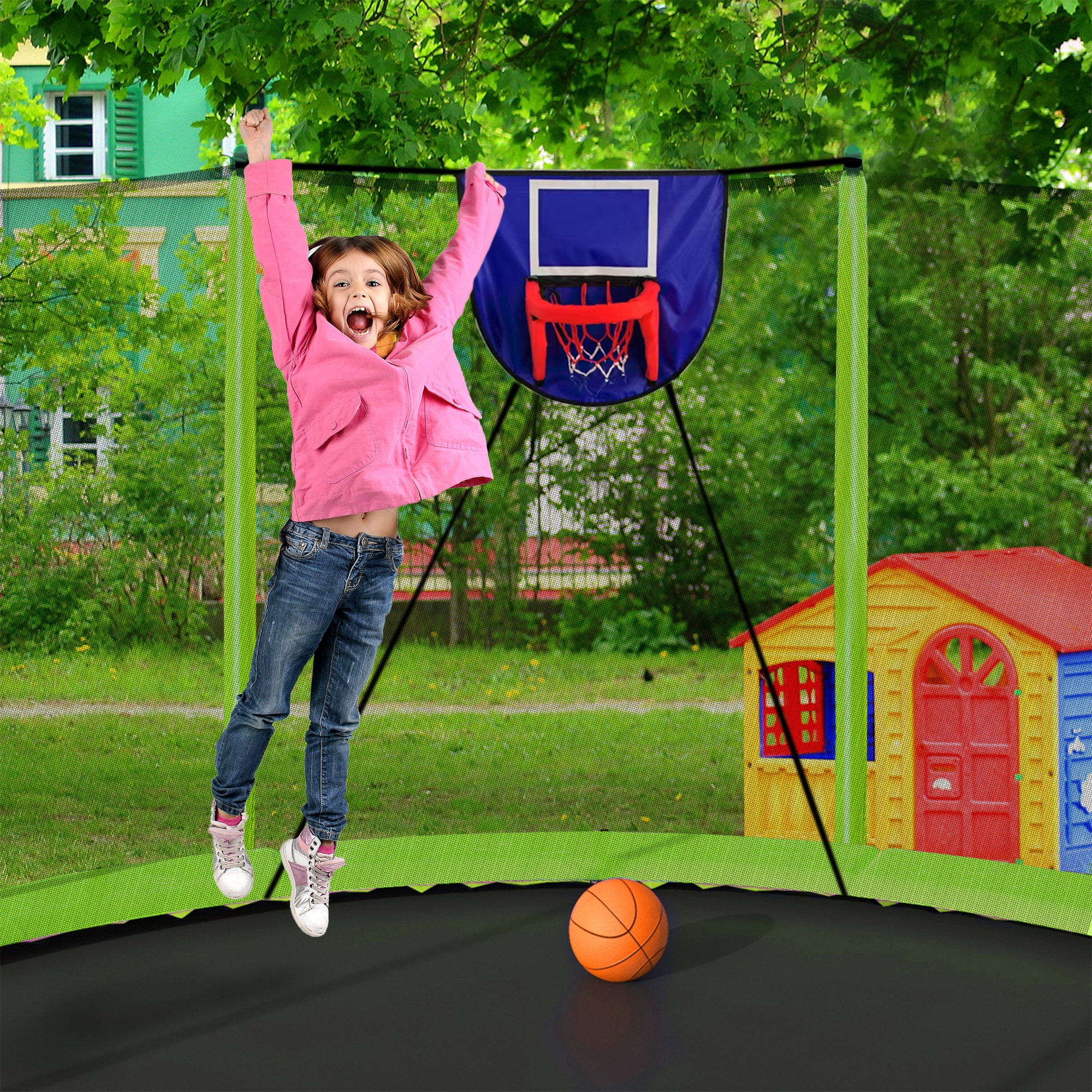 Alvantor 15ft Trampoline for Kids & Adults Outdoor Round Trampoline with Basketball Hoop and Enclosure Net Green