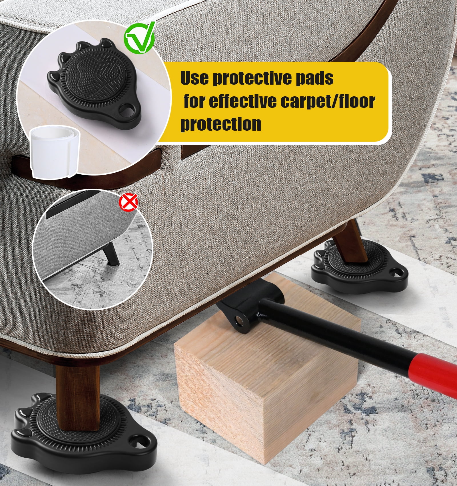 Furniture Lift Mover Tool Set - Furniture Movers Can Withstand Up to 800 Ibs, 360°Sliding Function, Furniture Lifter Have Self-Adjusting Bases， Heavy Item Furniture Moving Tool Without Falling