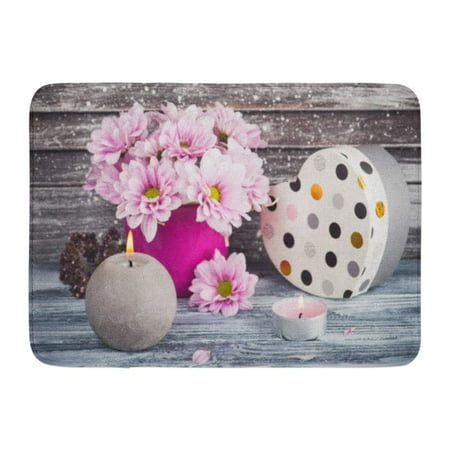 - GODPOK Purple Autumn Pink Chrysanthemum in Concrete Pot with Box Lit Candles Vintage Shutters on Concept White Rug Doormat Bath Mat 23.6x15.7 inch