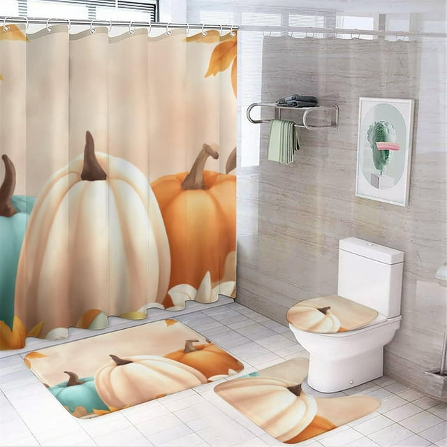Faty-T Ensemble de Rideaux de Douche 4 Pcs Automne Citrouille Orange Blanc Feuilles Tombées Floral avec Rideau de Douche et Tapis 4 Pcs Automne Action de Grâce Citrouille 12 Crochets en Plastique