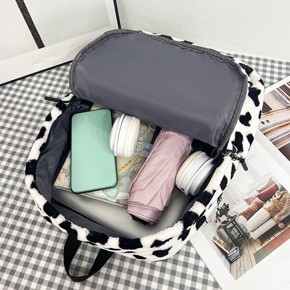 Jiibva Plush Animal Cow Print Backpack for Women Stylish Bag Personalized Travel Shoulder Bag Bookbag Trendy Daypack Purse