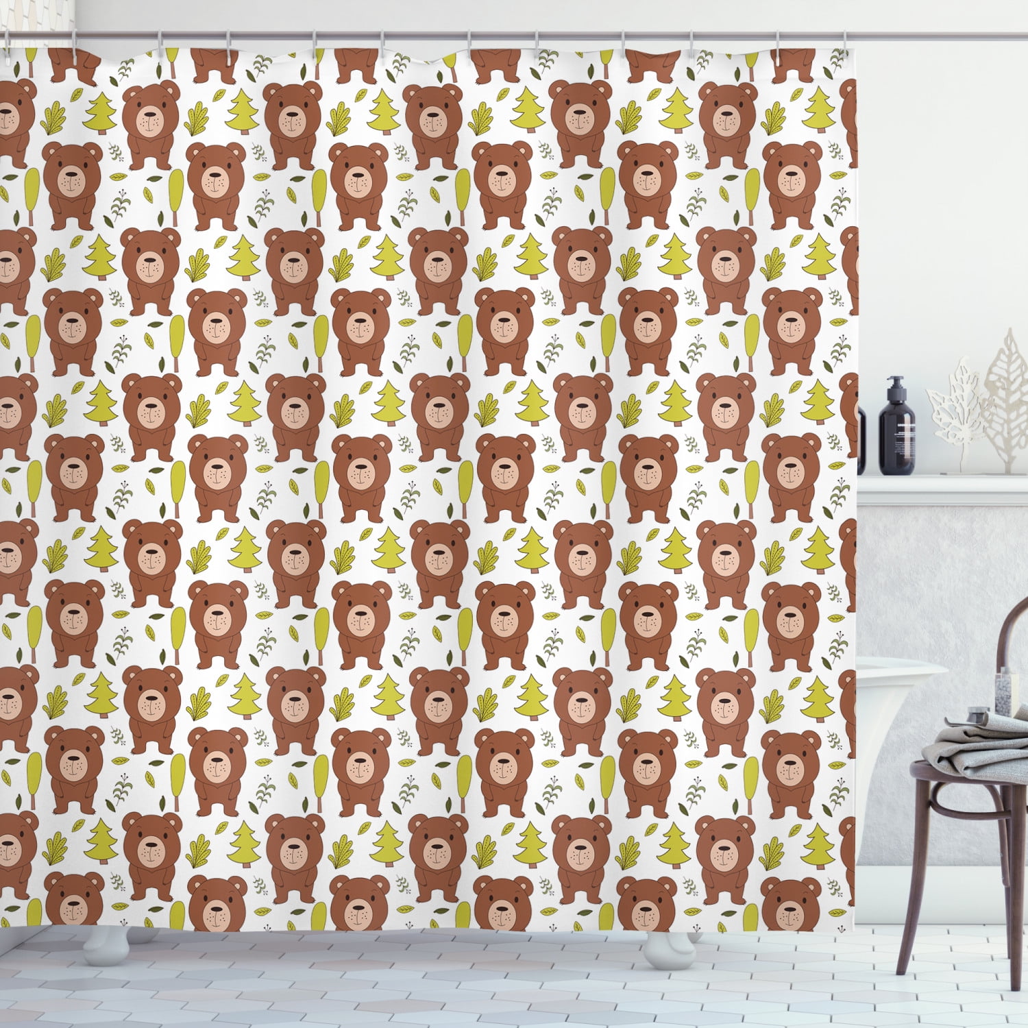 Forest Friends Shower Curtain, Simple Children Pattern of Bear and