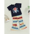 thumbnail image 3 of Sunloudy Toddler Girls Summer Outfit, Short Sleeve Cattle Head Print Tops + Geometric Pattern/Cow Print Flared Pants, 3 of 9