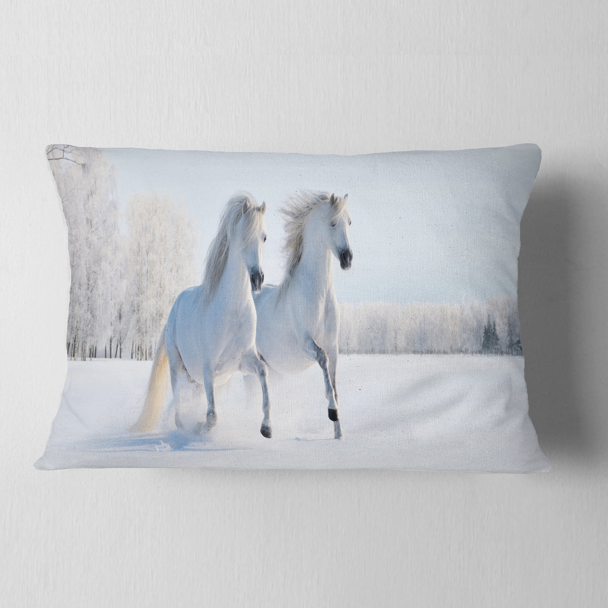 Designart Two Galloping White Ponies - Animal Photo Throw Pillow - 12x20