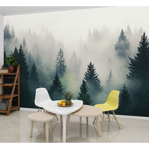 Wallpaper Foggy Forest Dark Forest Dense Forest Pine Trees Mist Fog Greenery Peel and Stick Wall Murals 69"H x 96"W Removable PVC Wall Paper Self-Adhesive Wall Decor for Bedroom Living Room