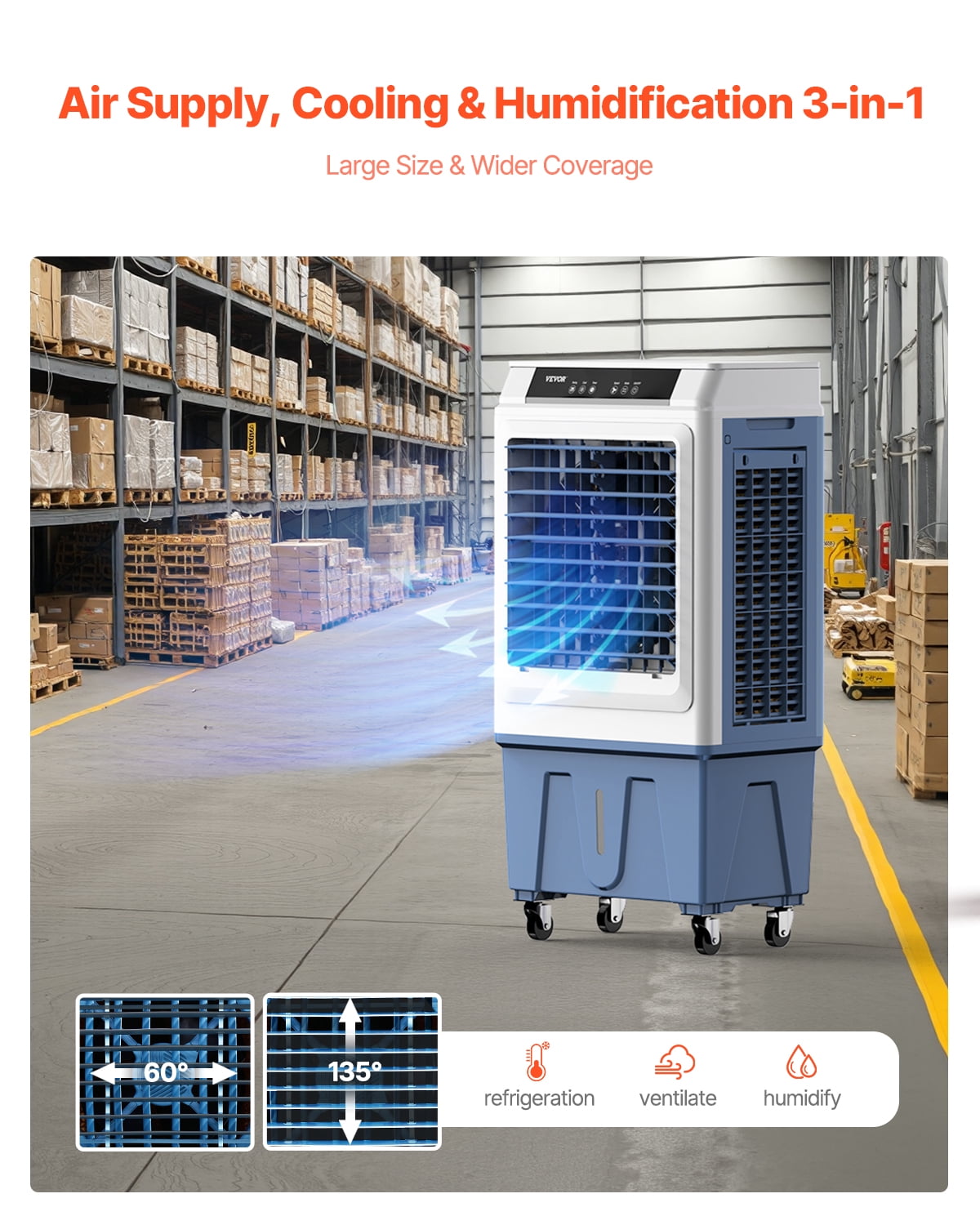 VEVOR Evaporative Air Cooler, 3100 CFM with 9 Gallon Water Tank Swamp Cooler, Portable Cooling Fan with Remote Control,12H Timer,4 Ice Boxes,3 Speeds