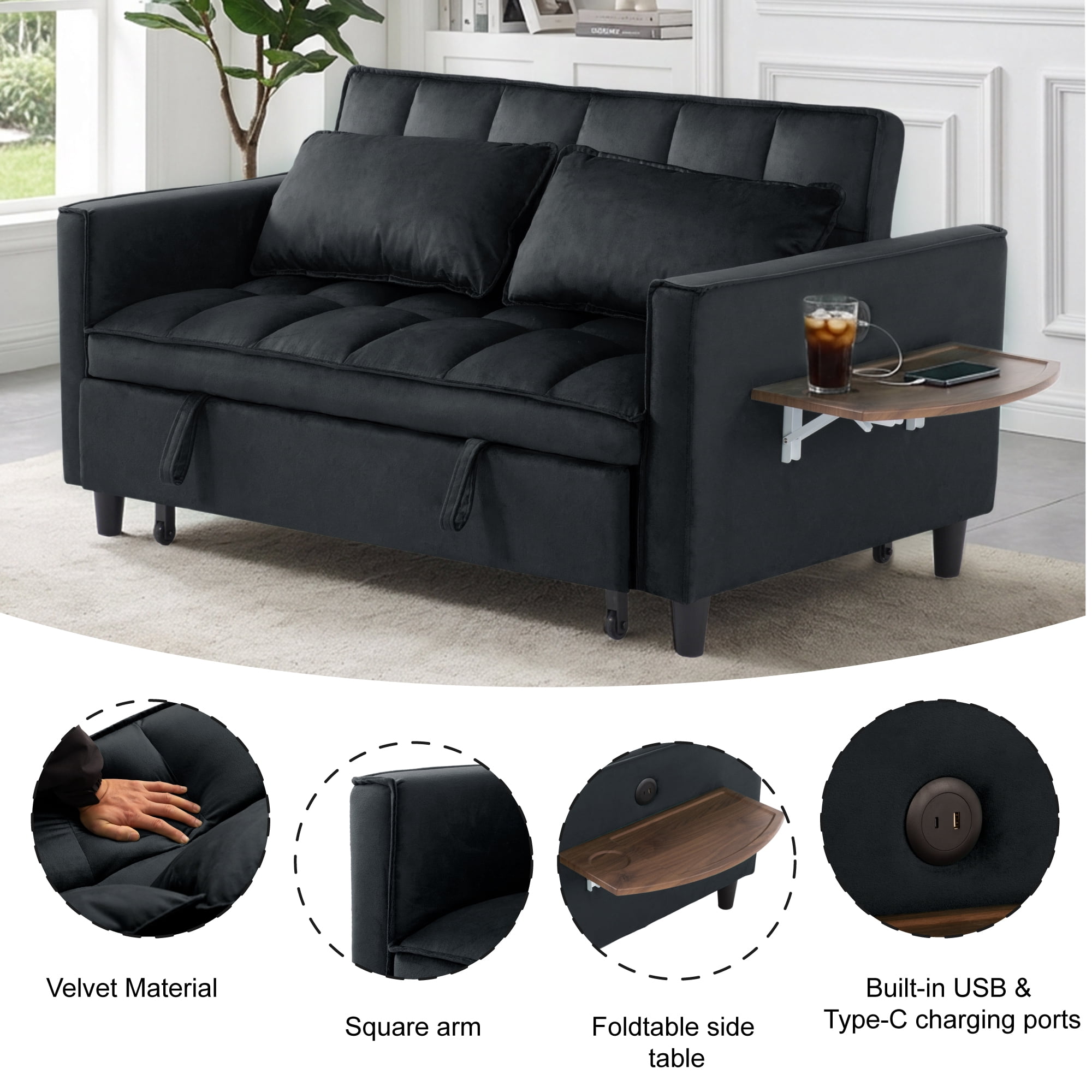 Gewnee 55.31''Pull Out Sleeper Sofa Bed,Twin Size Convertible Chair Bed with USB Ports & Side Table,3-Position Reclining Back,Velvet Upholstered Small Sofa for Living Room and Guest Room.Black