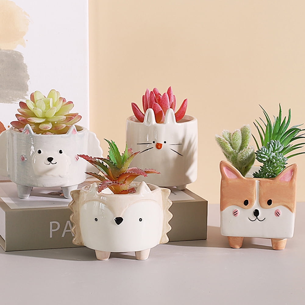 Set Of 4 Ceramic Succulent Pots Fox Shaped Flowerpot Colorful Bonsai Planter 